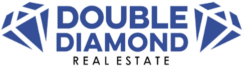 A blue and white logo for double diamond real estate.